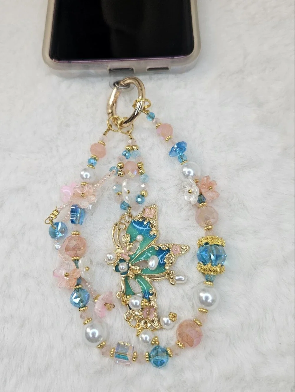 Gold Butterfly Phone Charm with Blue and Pink Beads